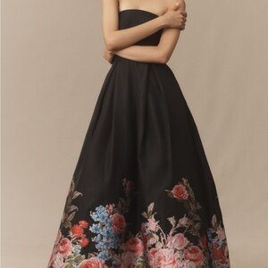 Mac Duggal Black Floral Strapless Gown